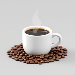 Fototapeta premium A cup of hot coffee in on top of roasted beans.