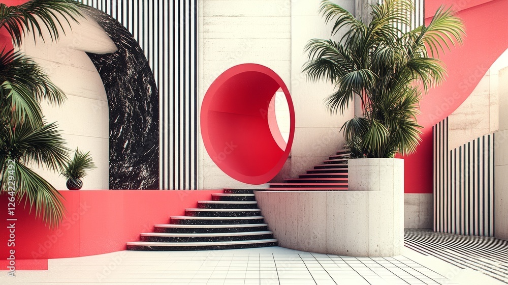 Poster abstract interior design with vivid red accents and geometric patterns creating a modern architectur