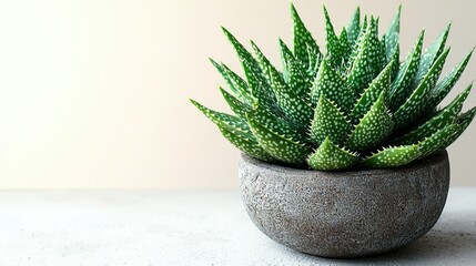 Close-up of a vibrant succulent plant in a textured pot against a soft, neutral background