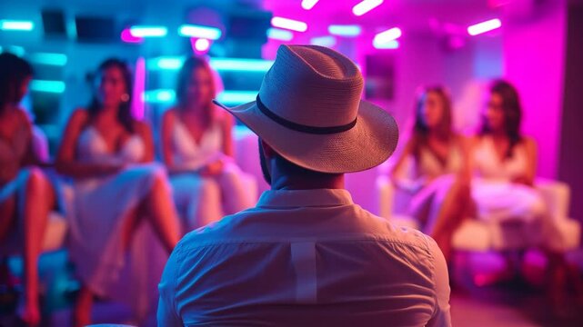 Bachelorette party in a stylish nightclub with a mysterious male entertainer stripper wearing a cowboy hat, surrounded by laughing and excited women. Video made using Generative AI.