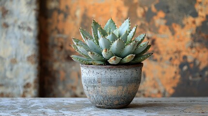 Close-up of a green succulent plant in a rustic pot against a textured, weathered background