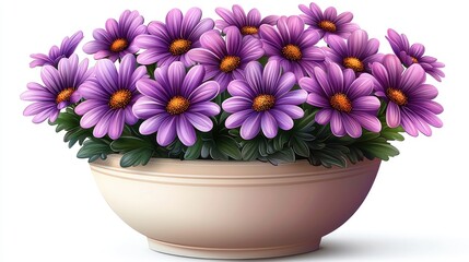Vibrant purple daisies in a decorative bowl, showcasing floral beauty and lush greenery