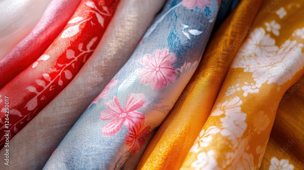 Poster close up of intricate patterned fabrics showcasing floral and geometric designs with space available