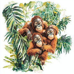 Obraz premium Orangutan family nested in lush foliage, peaceful vibe