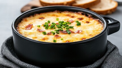 Creamy Baked Cheese Dish with Green Onions and Toasted Bread Slices