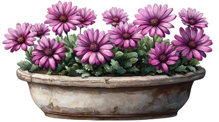 A vibrant arrangement of purple daisies in a rustic pot, set against a soft, blurred background