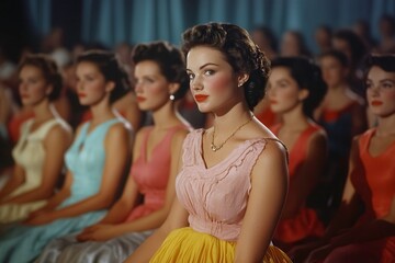 On Stage, a Group of Women Showcases Classic 1950s Fashion During a Short Cut Program