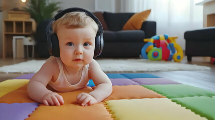 Adorable Baby Boy Listening to Music with Headphones on Colorful Mat