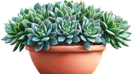 Lush arrangement of vibrant succulents in a terracotta pot against a clean white background