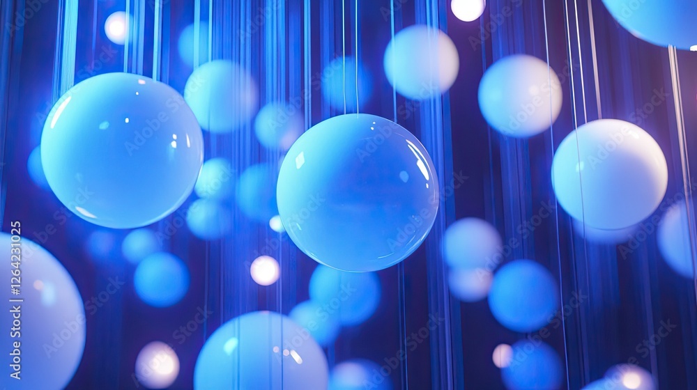 Poster floating blue and white spheres linked by thin neon threads, representing an abstract digital networ