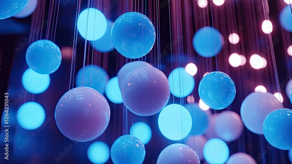 Poster floating blue and white spheres linked by thin neon threads, representing an abstract digital networ