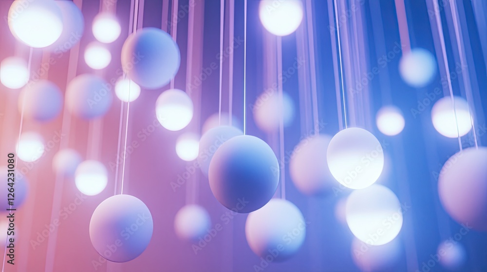 Poster floating blue and white spheres linked by thin neon threads, representing an abstract digital networ