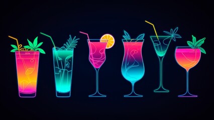 Vibrant Neon Cocktails Against Black Background