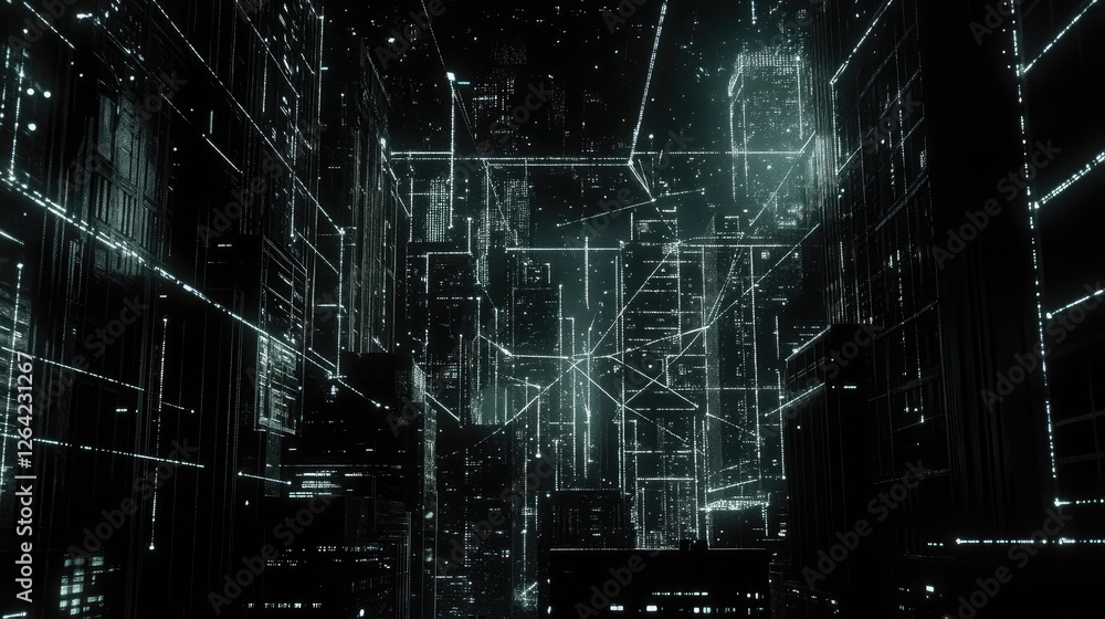 Poster abstract representation of a connected cityscape with glowing lines linking various buildings and in