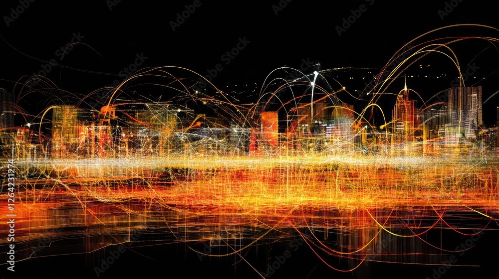 Aufkleber abstract representation of a connected cityscape with glowing lines linking various buildings and in