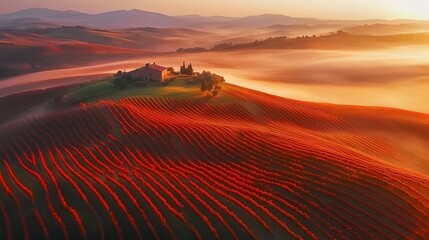 Fototapeta premium Breathtaking vineyard aerial view tuscany landscape photography sunrise high angle nature's beauty