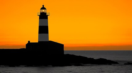 Dramatic Seascape Silhouette A Majestic Lighthouse Against a Fiery Sunset Creates a Timeless Coastal Scene