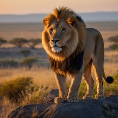 Obraz premium Powerful Lion Standing on Rocky Outcrop at Sunrise with a Panoramic View of the Savannah