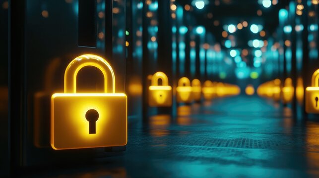 Abstract representation of a secure server room with glowing locks on each server unit.