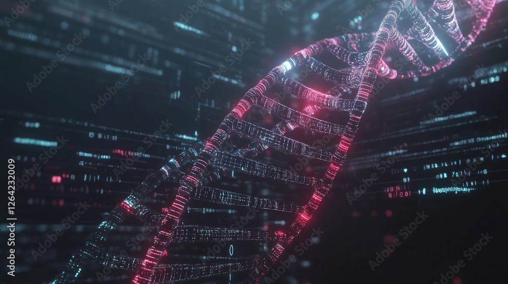 Poster abstract visualization of ai in healthcare with digital dna strands, molecular structures, and data 