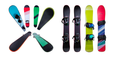 Colorful Snowboards and Snowboard Accessories for Winter Sports, isolated on transparent background