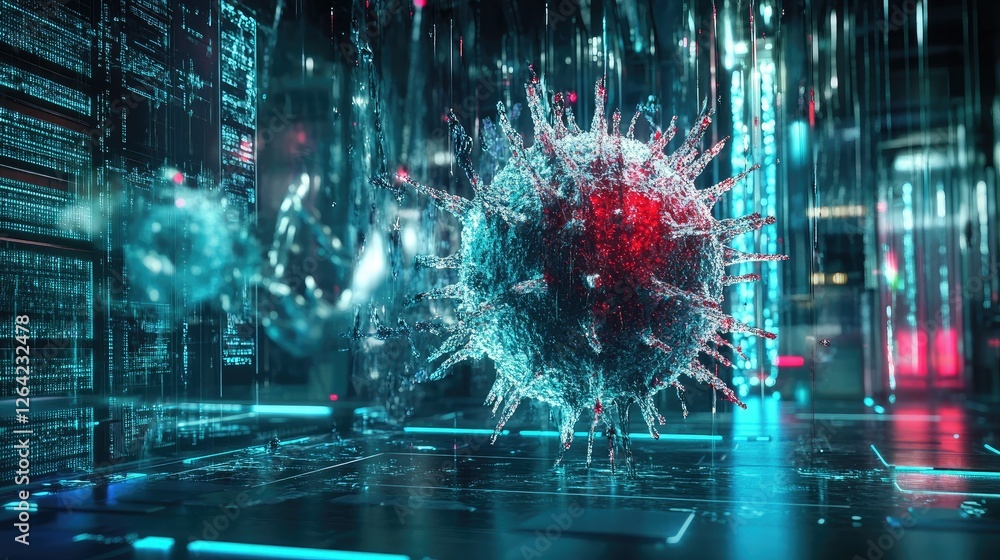 Poster abstract visualization of a virus being quarantined within a digital environment, illustrating malwa