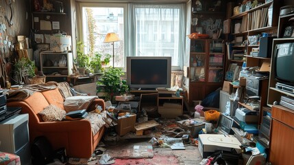 Messy cluttered living room with old furniture and many items. Depicts hoarding, disorder, or the need for decluttering services.