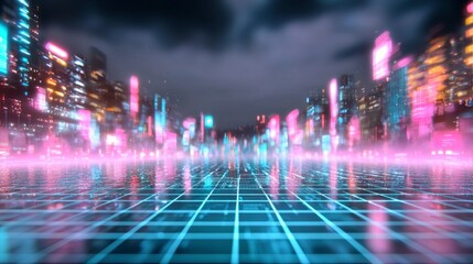 Futuristic Cityscape  Neon Lights  Grid Floor  Synthwave Background