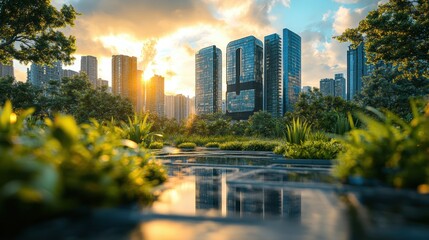 Fototapeta premium 2025 Urban Garden Sunset Modern Cityscape Green Architecture