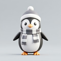 A cute penguin dressed up with winter clothes.