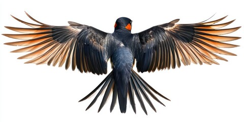 Fototapeta premium Back perspective of a swallow soaring, showing tail feather details.