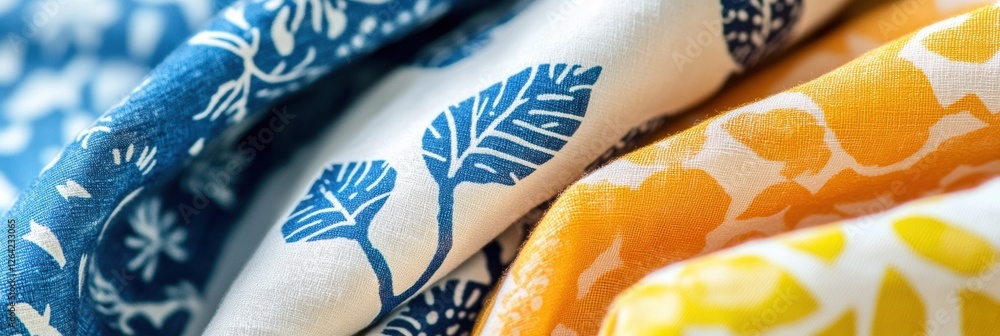 Aufkleber Patterned fabrics feature floral and geometric designs with vibrant colors, ideal for decorative projects. Generative AI