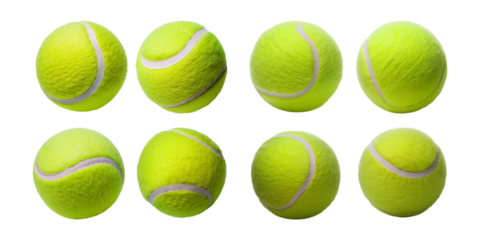 Eight Bright Yellow Tennis Balls in Various Arrangements on White Background, isolated on transparent background