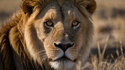 Fototapeta premium Powerful Panthera leo Vereshchagini Close-Up, Featuring Amber Eyes and Dense Mane
