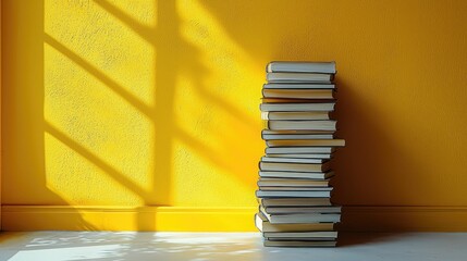 A vibrant yellow wall casts shadows on a stack of books, creating a warm, inviting atmosphere