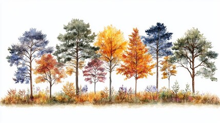 Fototapeta premium Watercolor Autumnal Trees in a Row Hand-Painted Aesthetic Forest Border with Colorful Foliage for Seasonal Designs and Botanical Illustrations