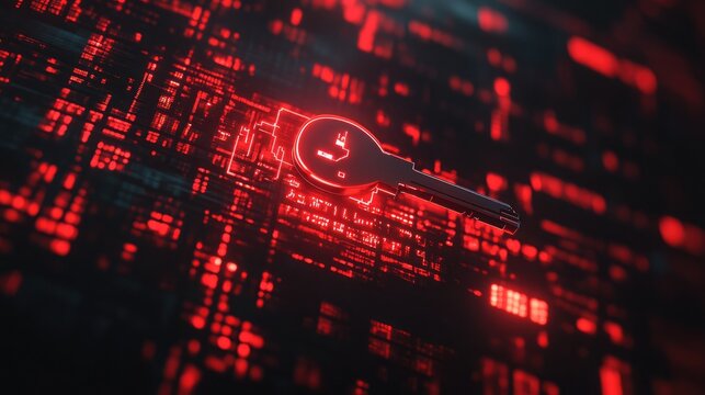 A digital key hovering over a matrix of encrypted data, symbolizing decryption processes.