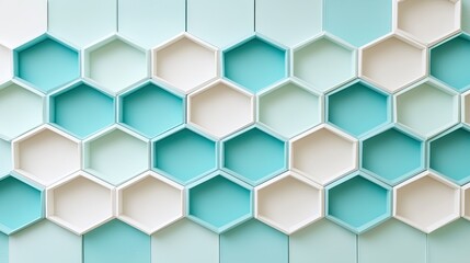 Abstract geometric wall design featuring hexagonal patterns in varying shades of blue and white