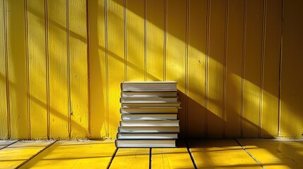 A stack of white books on a vibrant yellow wooden floor, illuminated by diagonal sunlight