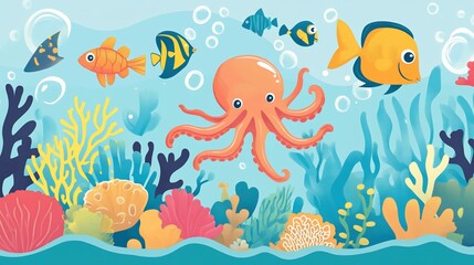 Underwater Scene with Colorful Fishes, Coral and an Octopus Illustration