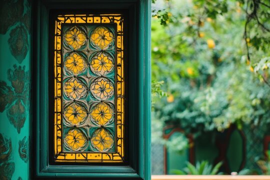 Stained glass window with floral design viewed through green frame
