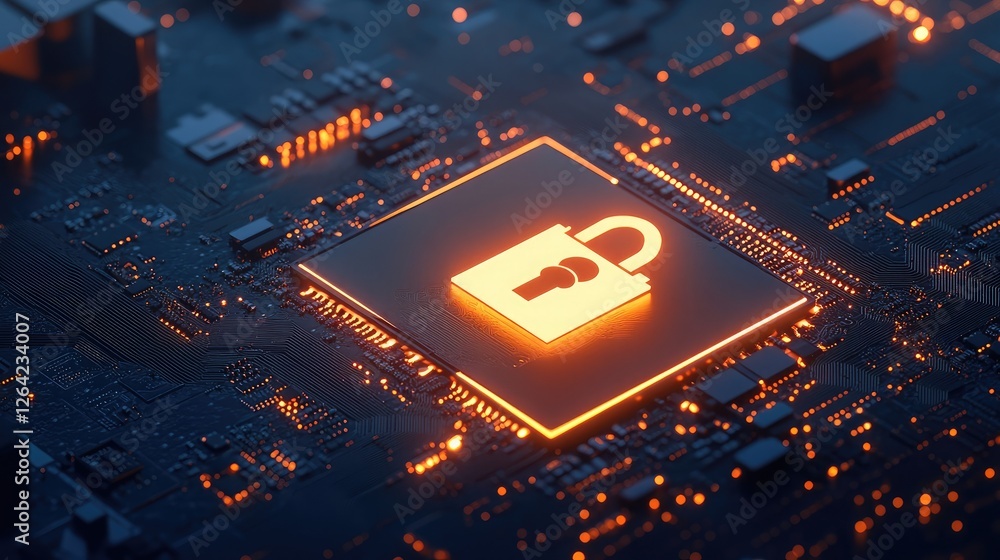 Poster close-up of a computer motherboard with highlighted security chip, emphasizing hardware-based cybers