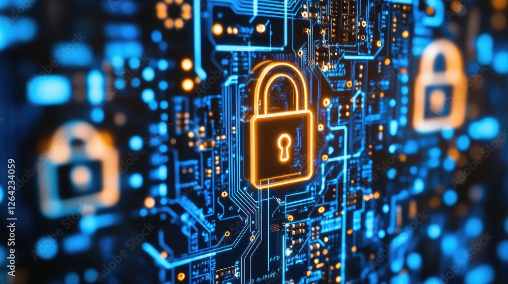 Poster close-up of a computer motherboard with highlighted security chip, emphasizing hardware-based cybers