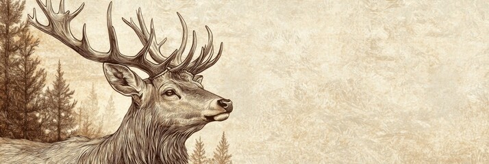 Engraved deer portrait in intricate line work with sepia tones and space for custom text design. Generative AI