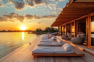 Fototapeta premium Luxurious floating lodge at sunset over water, relaxing