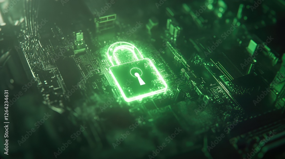 Poster close-up of a glowing padlock icon overlaid on a circuit board, symbolizing data protection in cyber