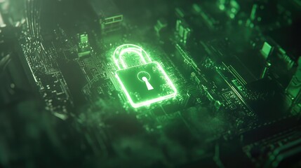 Close-up of a glowing padlock icon overlaid on a circuit board, symbolizing data protection in cybersecurity.
