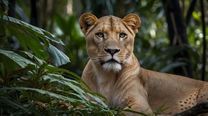Obraz premium Close-Up of Panthera leo Sinhaleyus with Golden Eyes in the Sri Lankan Rainforest