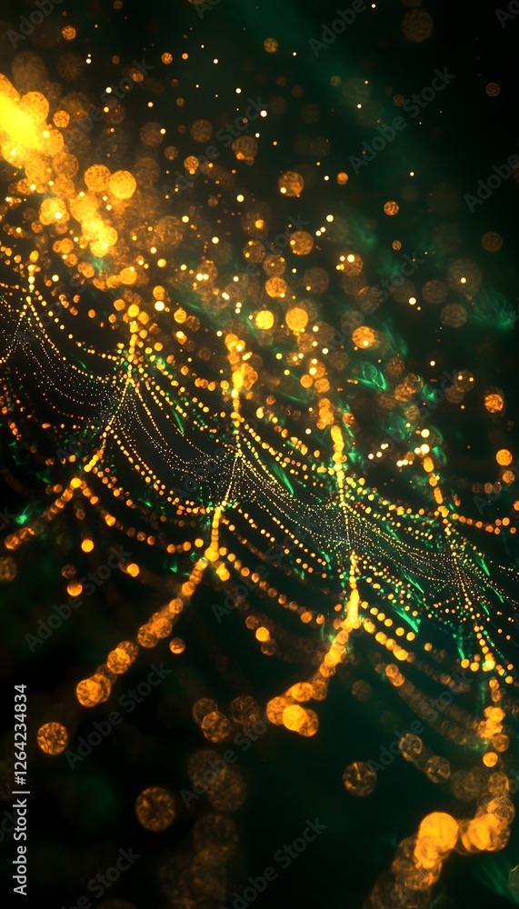 Poster macro shot of a glowing spiderweb with morning dew, intricate patterns illuminated by soft cinematic