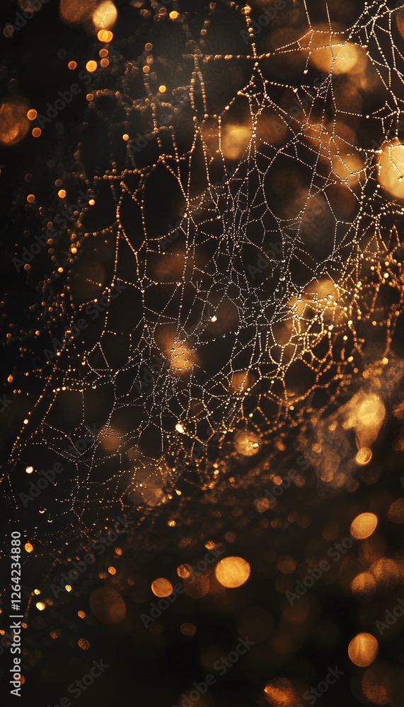 Poster macro shot of a glowing spiderweb with morning dew, intricate patterns illuminated by soft cinematic